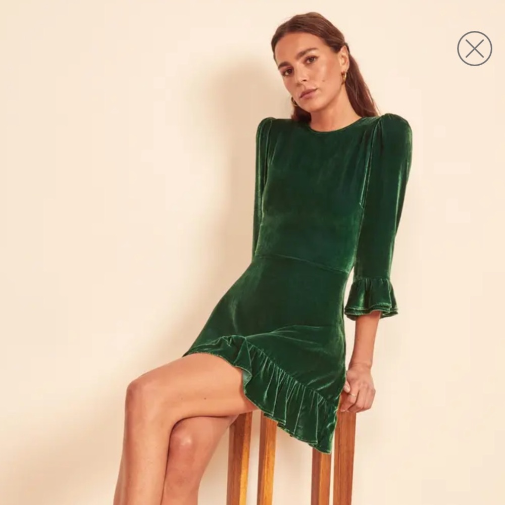 Reformation Green Velvet Mountain Ruffle Dress NWT